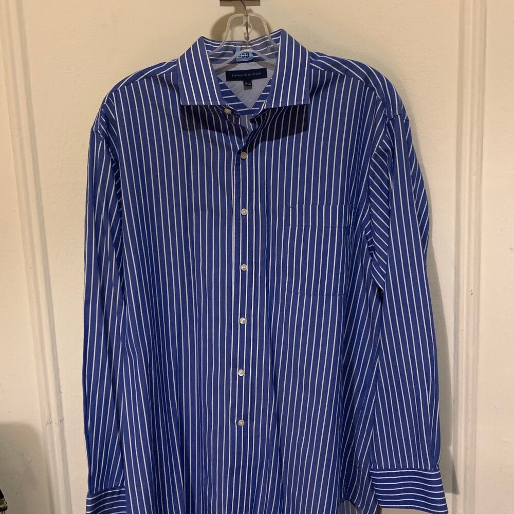 Mens Blue Striped Tommy Hilfiger Dress / Casual Shirt